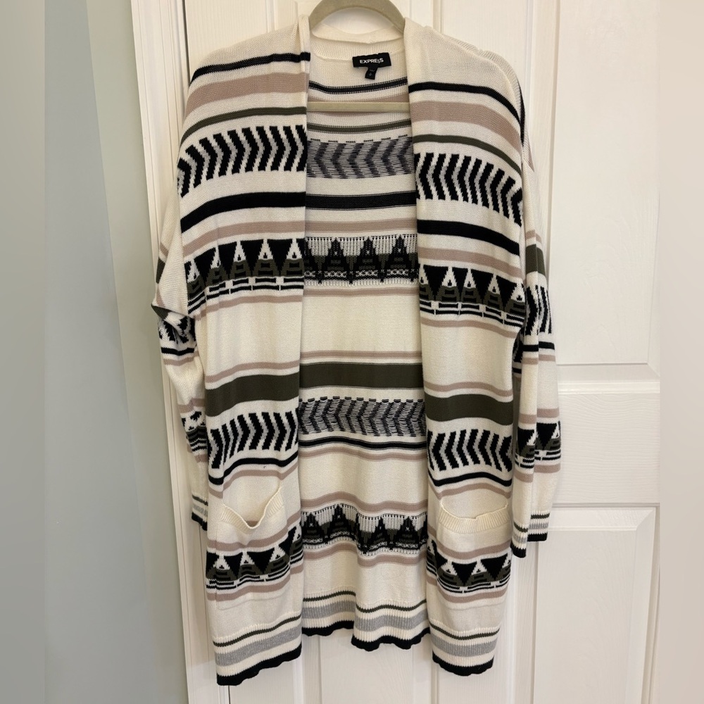 Express Women's Geometric Open-Front Cardigan - Cream and Black